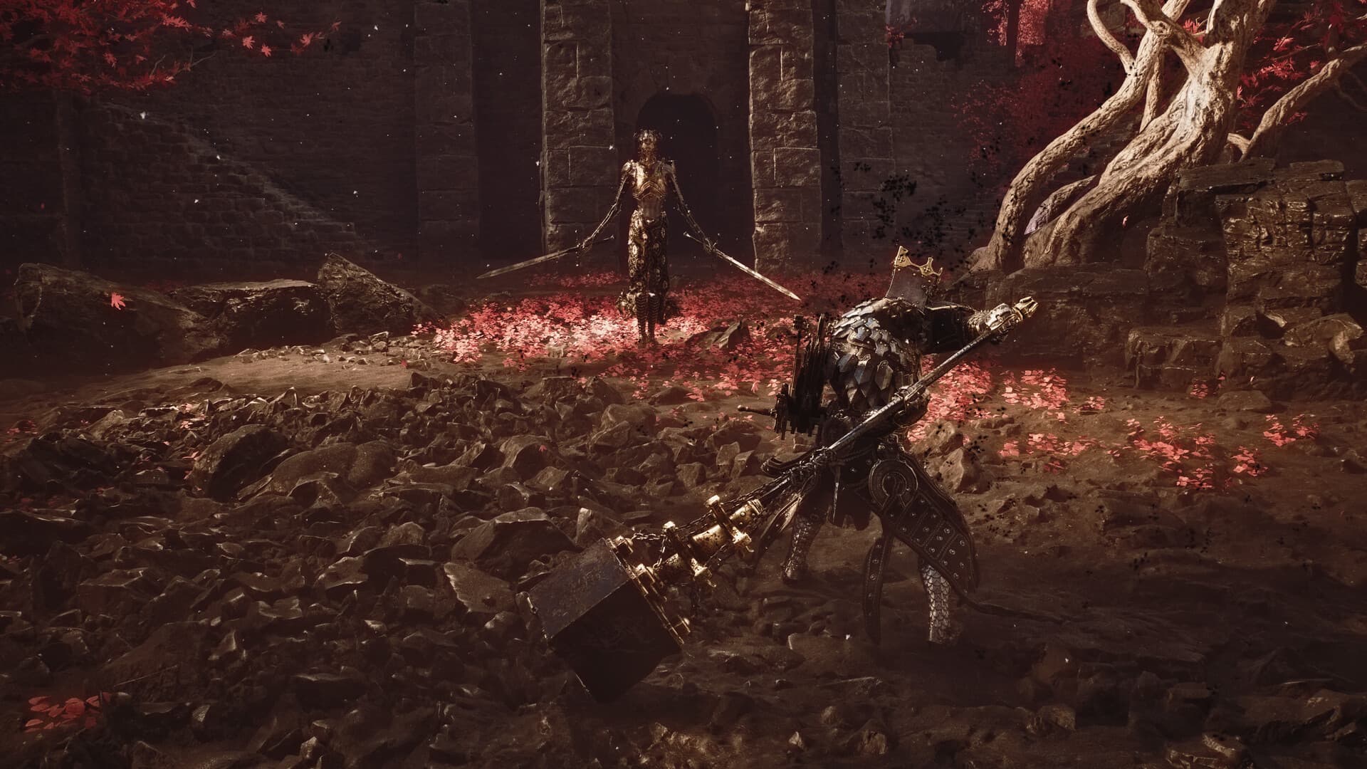 Mortal Shell II combat encounter with a dual-blade enemy in a red-leaf ruin