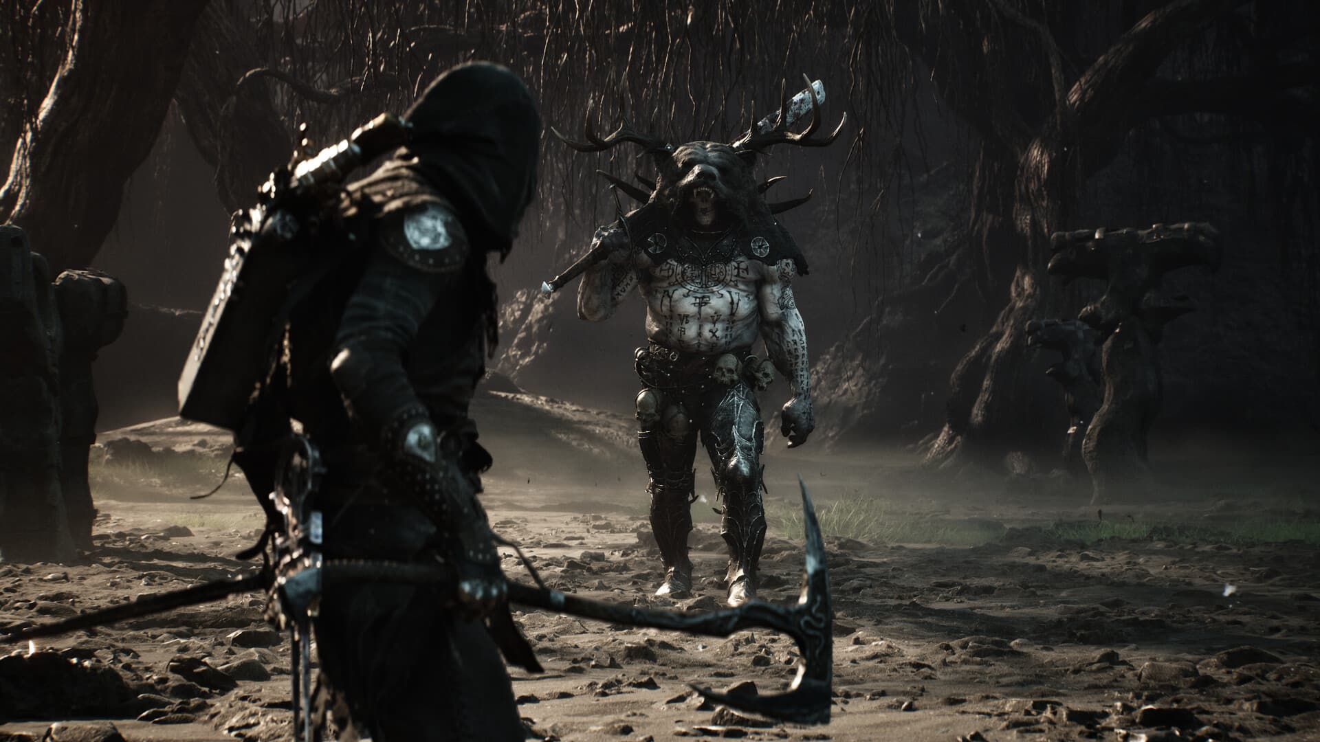 Mortal Shell II player facing a large axe-wielding enemy in a forest clearing