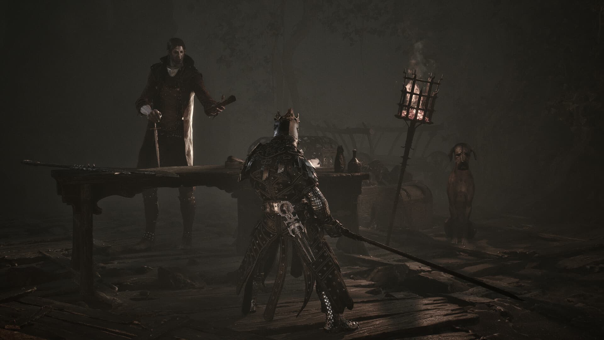 Mortal Shell II player meeting a non-hostile character and hound beside a firelit table