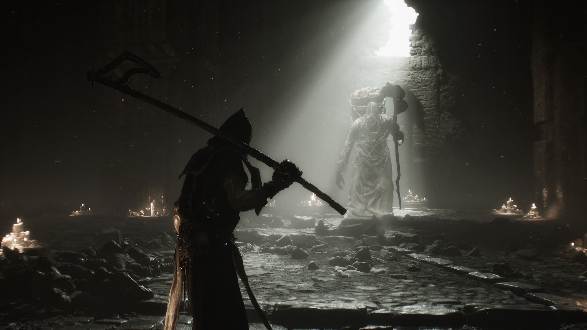 Mortal Shell II warrior confronting an enemy in a ruined candlelit chamber