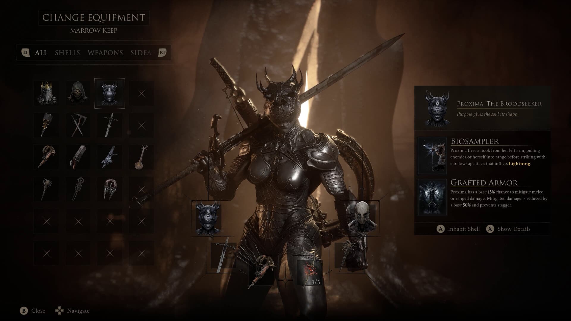 Mortal Shell II equipment screen showing Shells, primary weapons, and sidearms